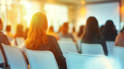 Poster - Rear view of an audience at a seminar, warm tones and sunlight, focused on learning and development concept. Generative AI