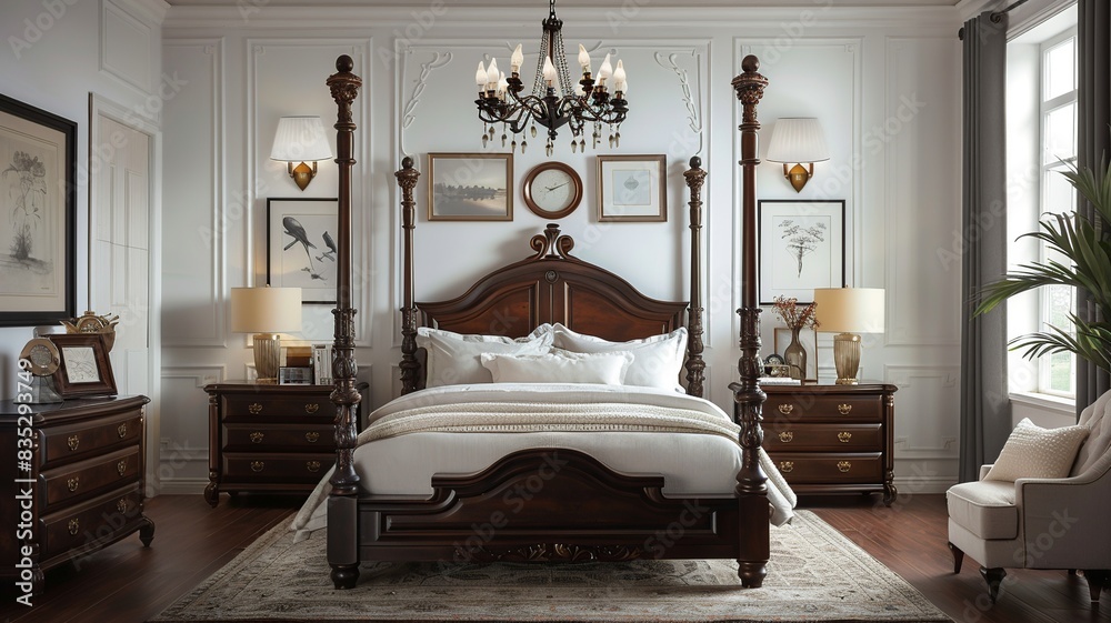 Indulge in the timeless beauty of a classic American bedroom, adorned ...