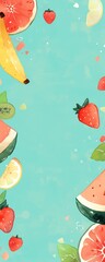 Colorful hand-drawn summer fruit background with bananas, watermelons, strawberries, and kiwis on a blue backdrop. Vibrant and refreshing.