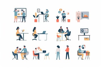 Poster - A collection of illustrations depicts various business and work-related activities with a focus on teamwork, meetings, and technology