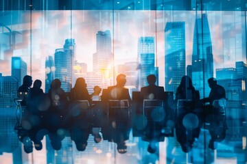 Wall Mural - Silhouettes of business professionals in a meeting with a modern city skyline backdrop