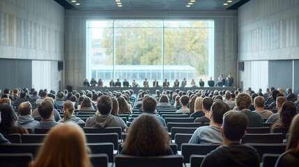 Poster - A conference hall with audience listening to speakers, photographed in a realistic style, with large windows in the background, depicting the concept of a lecture or seminar. Generative AI