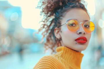Curly haired woman with her back turned showcasing her vibrant yellow sweater
