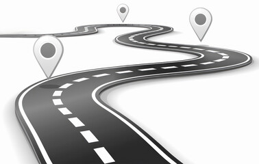 Aufkleber - Winding road forming curves with location pins on white background, symbolizing journey concept. Generative AI