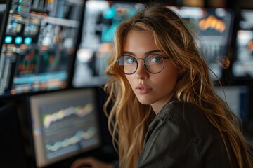 Poster - Woman with blonde hair analyzing complex financial data on multiple screens