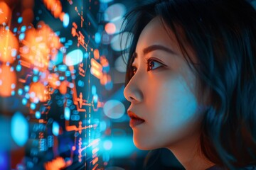 Poster - Close-up shot of a person's hair with abstract technology patterned background in view