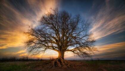 Wall Mural - A solitary tree stands before the sunset, its bare branches intertwined in silent prayer to the golden sky.