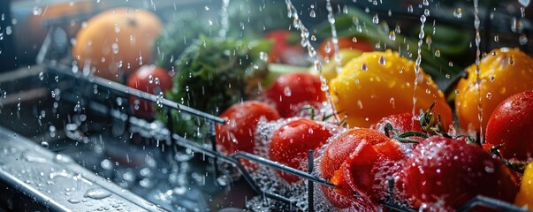 fresh vegetables being cleansed with a water spray, emphasizing health and vitality.