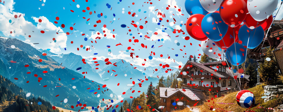 Patriotic scene with balloons on the bottom right corner, red, white, and blue confetti, in a picturesque mountain resort