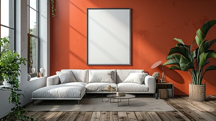 Vertical ISO A2 Frame Mockup in Modern Scandinavian Bohemian Living Room. Reflective Glass Poster on Wall with Elegant and Detailed Design, Ultra HD 8K Resolution, Featuring Apartment Interior Backgro