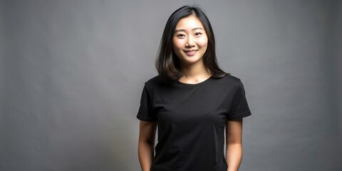 25 year old asian woman wearing a plain black tshirt on a studio background mockup template , mockup, template, plain black tshirt, asian woman, 25 years old, studio background, fashion