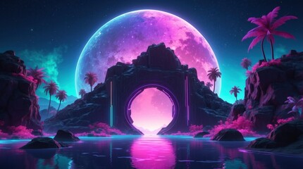 Wall Mural - neon-lit fantasy nighttime scene set in the future, with an abstract island, moonlight, and a neon b
