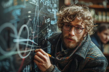 Poster - A teacher writing equations on a chalkboard. Concept of education and guidance. Generative Ai.