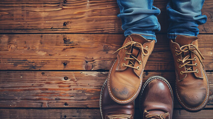 Wall Mural - Father and son brown shoes on wooden background, with copy space.