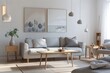 © Zeeshan - A contemporary living room with a Scandinavian design, featuring light wood furniture, a grey sofa, and minimalist decor.