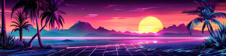 neon palms mountains sun lines, futuristic synthwave sunset landscape, 80s 90s digital art style, abstract space planet wallpaper banner card