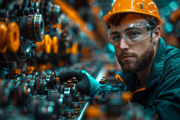 Poster - a factory worker assembling parts on a production line. concept of industry and efficiency. generati