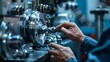 © JP STUDIO LAB - Close-up of a technician's hands adjusting a steel machine part in a tool factory, showcasing precision maintenance and essential upkeep for manufacturing, isolated on white background, copy space