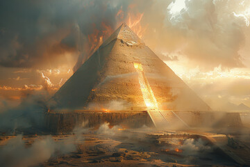 Poster - A pyramid with internal structures and purposes still not fully understood. Concept of architectural mystery and alien influence. Generative Ai.