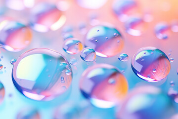 Sticker - Pink holographic bubbles floating on the soft colorful abstract background in beautiful vivid tones.