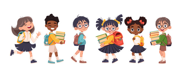 Cute children going to school together. Little different kids are happy to be back to school. Flat vector illustration isolated on white background