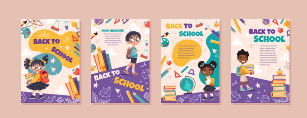 back to school vector banner set. flyer design with cute children and education element. posters wit
