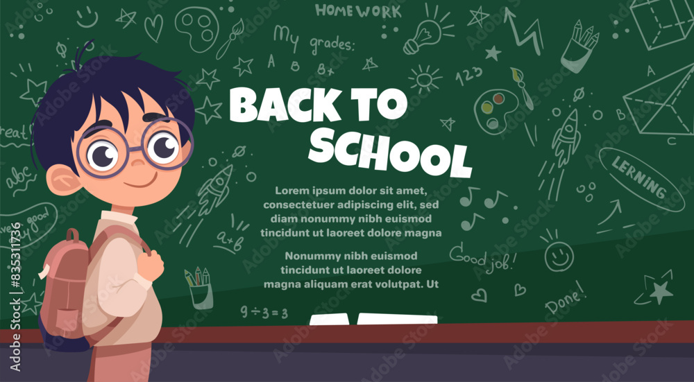 Welcome Back to school banner with cute boy in glasses and school ...