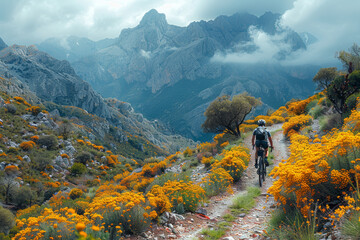 Canvas Print - A cyclist riding through a mountain path. Concept of endurance and adventure. Generative Ai.