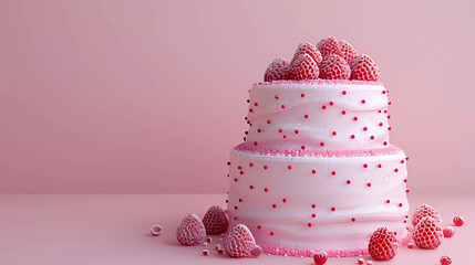 Wall Mural - Scrumptious two-tiered cake with strawberries on top. The cake is covered in pink frosting and decorated with red sprinkles.
