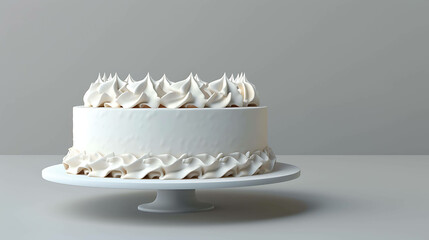 Wall Mural - 3d rendering of a delicious white cake with icing on a white cake stand on a white background.