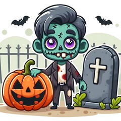 Wall Mural - Zombie Monster Halloween Character with tomb stone and Pumpkin Clipart isolated