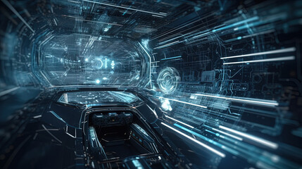 Poster - Abstract technology burst with glowing wires and particles in motion. Technology and science dynamic background.