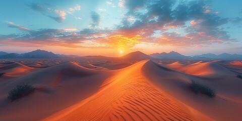 Wall Mural - A stunning desert sunset with golden sand dunes, vibrant orange skies, and tranquil beauty.