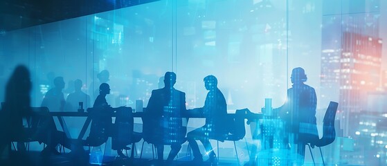 Aufkleber - Silhouetted figures in a meeting room with a double exposure effect, showcasing innovative solutions against a cityscape backdrop. The lighting emphasizes teamwork and creativity.