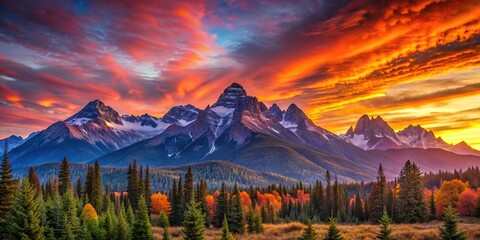 Vibrant sunrise over majestic mountain peaks, Sunrise, mountains, landscape, sky, clouds, sunlight, dawn, morning, nature, beauty, scenic, tranquil, outdoors, wilderness, alpine, panoramic