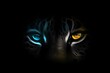 © Pee - Close-up of a leopard's glowing eyes in darkness, with one blue and one yellow. Mysterious and enchanting animal portrait.