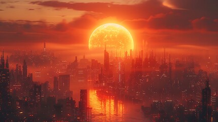 Wall Mural - A 3D render of AI Genesis, where a digital sun rises behind a futuristic cityscape, illuminating the buildings with data-infused light rays.