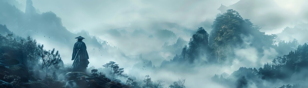 Halfbody portrait of a person in a samurai outfit Background shows a mountain landscape with mist Minimalist design with subtle colors