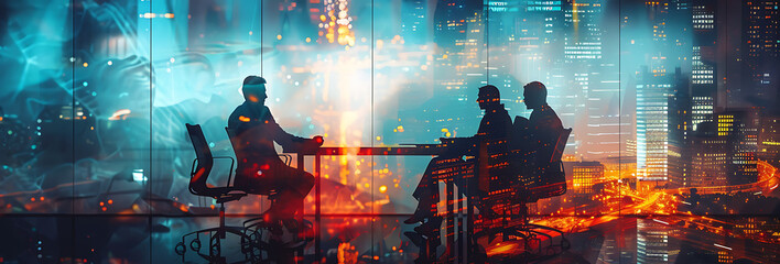 Aufkleber - Silhouetted figures in a meeting room with a double exposure effect, showcasing innovative solutions against a cityscape backdrop. The lighting emphasizes teamwork and creativity.