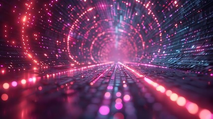 A 3D render of binary code streams flowing through a futuristic landscape, with glowing purple and teal digits, floating in a holographic display.