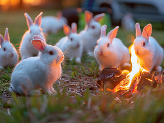 White rabbits around campfire