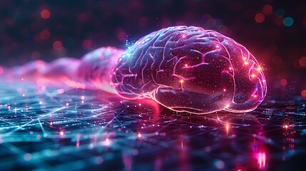 Wall Mural - A 3D render of electrical pulses in a digital brain, with glowing purple and teal synapses, floating in a holographic display.