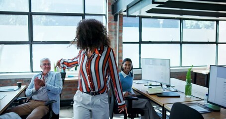 Wall Mural - Dance, happy and business woman in office to celebrate success, promotion and job opportunity. Professional, creative agency and excited worker with good news, winning and achievement for career