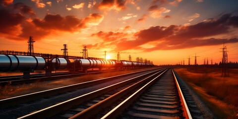 Wall Mural - Artistic depiction of the oil and gas pipeline transportation industry at sunset. Concept Oil and Gas Pipelines, Industry Sunset, Artistic Depiction, Transportation, Energy Sector
