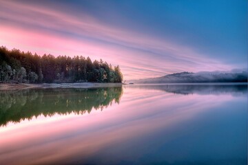 Wall Mural - Tranquil water reflects a pink sunset sky