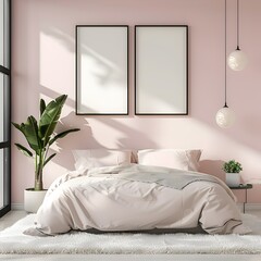 A light pink bedroom wall with two blank poster frames on the wall, a modern style bed and white carpet in front of it, a plant beside it