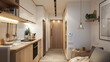 © Sunday Cat Studio - Apartment with a small kitchen and living area, white modern minimalist apartment interior design