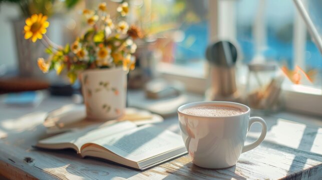 A cup of coffee, book, and flowers sit on a table
