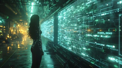 Wall Mural - A cybernetic rendition of Data Mirage, with a digital display showing fluctuating data that spills over into the real world, creating a seamless transition.