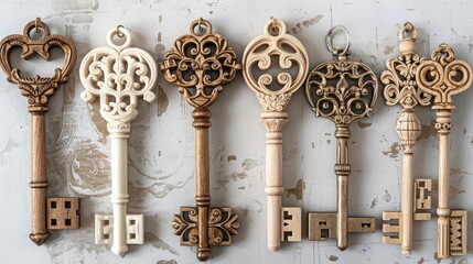 Wall Mural - Elegantly carved skeleton key ornaments, their intricate designs hinting at hidden mysteries and secrets.